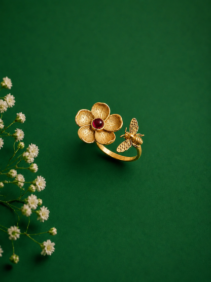 Wild Flower and Bee Ring Gold Plated